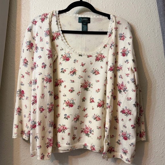 Lauren Ralph Lauren floral cardigan twin set with lace trim - 3/4 sleeve, Size L - Picture 1 of 8